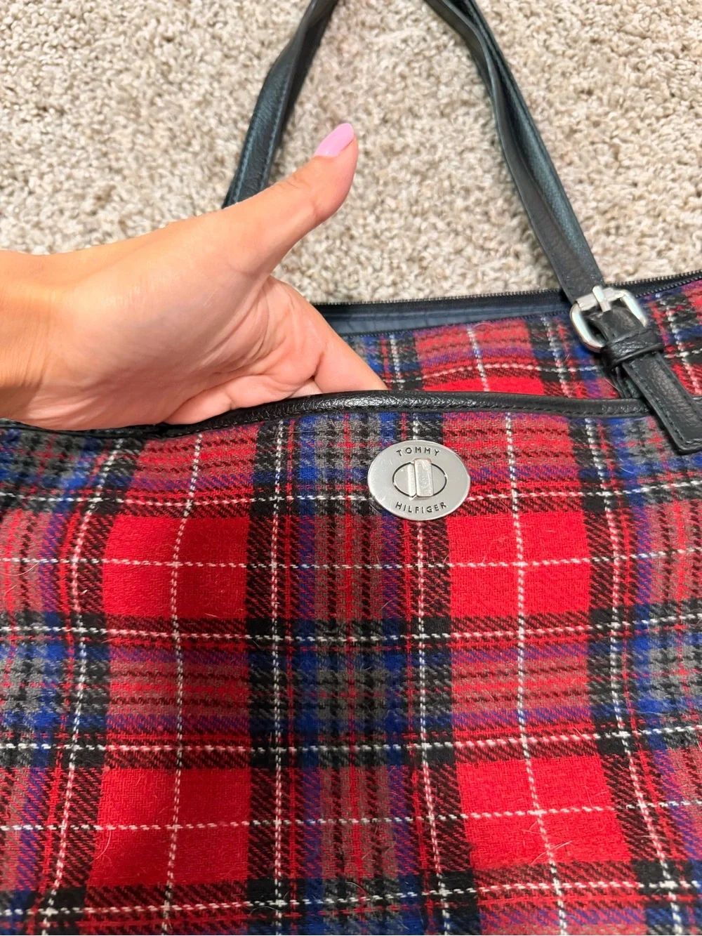 Tommy Hilfiger Red Plaid Shoulder Bag with Black Straps
